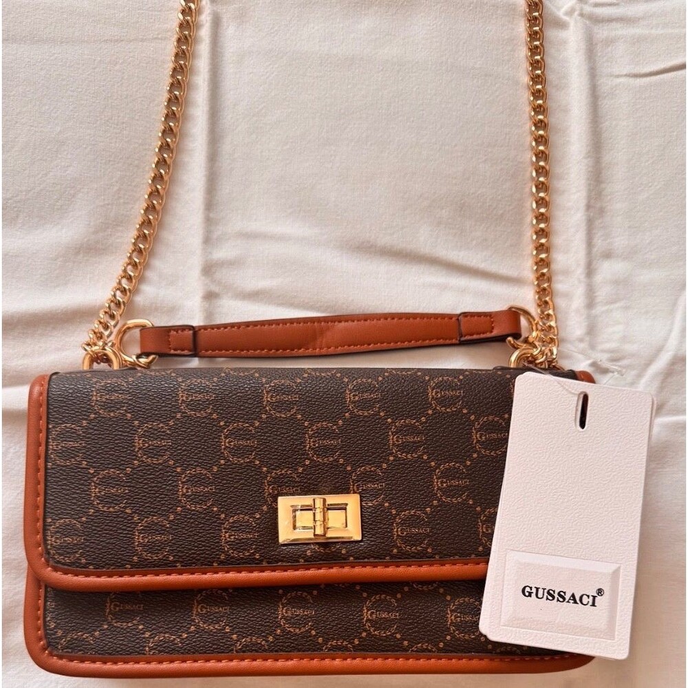 Gussaci Brown Monogram Chain Shoulder Crossbody Bag Turn Lock Purse NWT